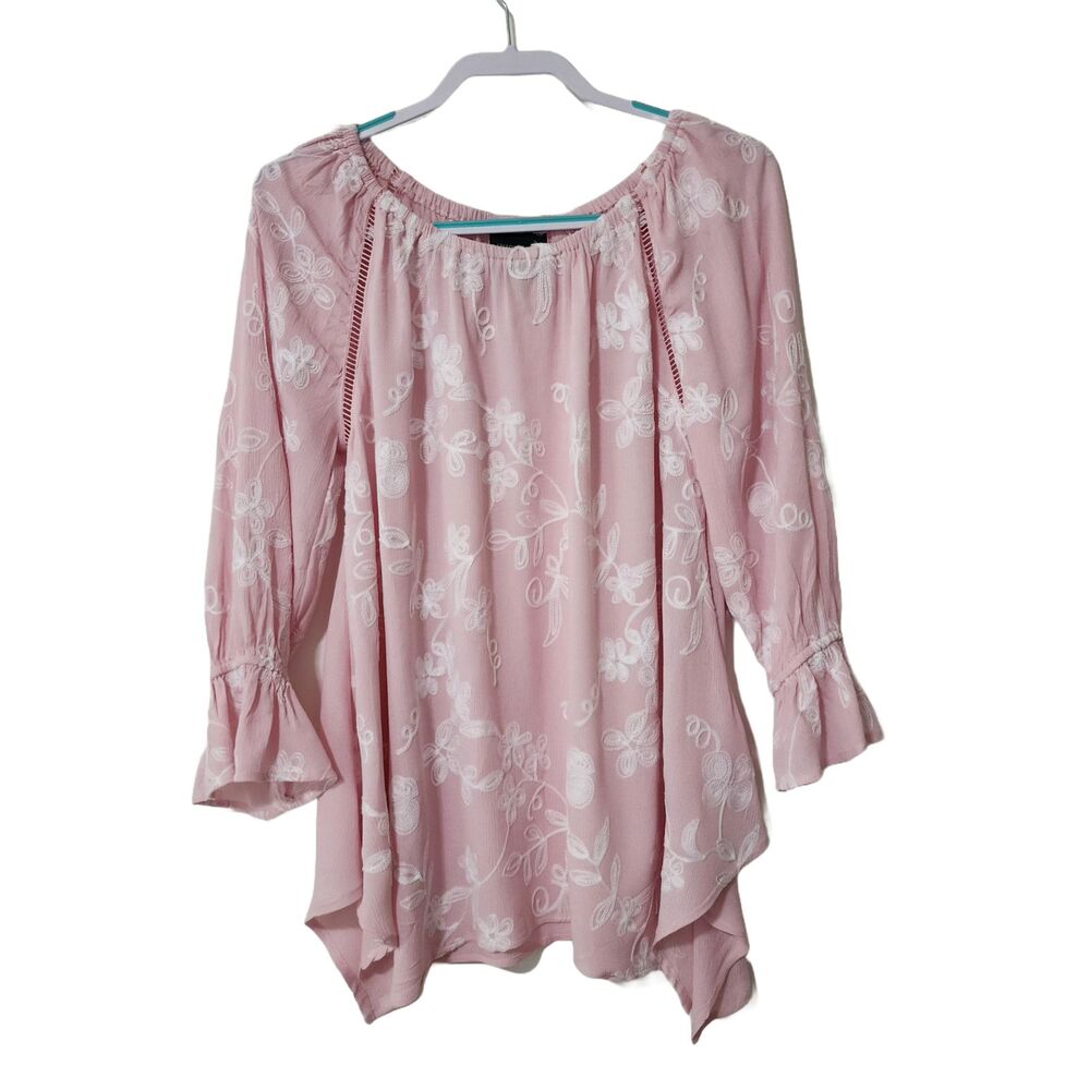 LIV Los Angeles Womens Embroidered Crinkle Tunic Blouse Top Boho Feminine Size S